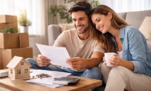 Pareja revisando la hipoteca de su nueva vivienda con tranquilidad